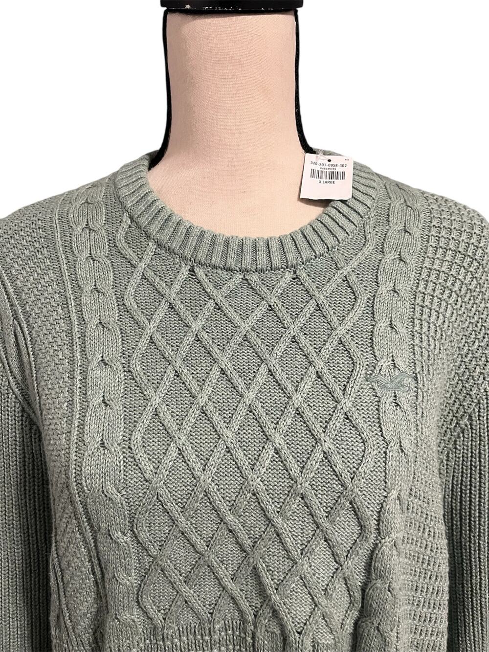 Hollister NEW Women's Green Cable Knit Crewneck Sweater Sz XL Fisherman Classic